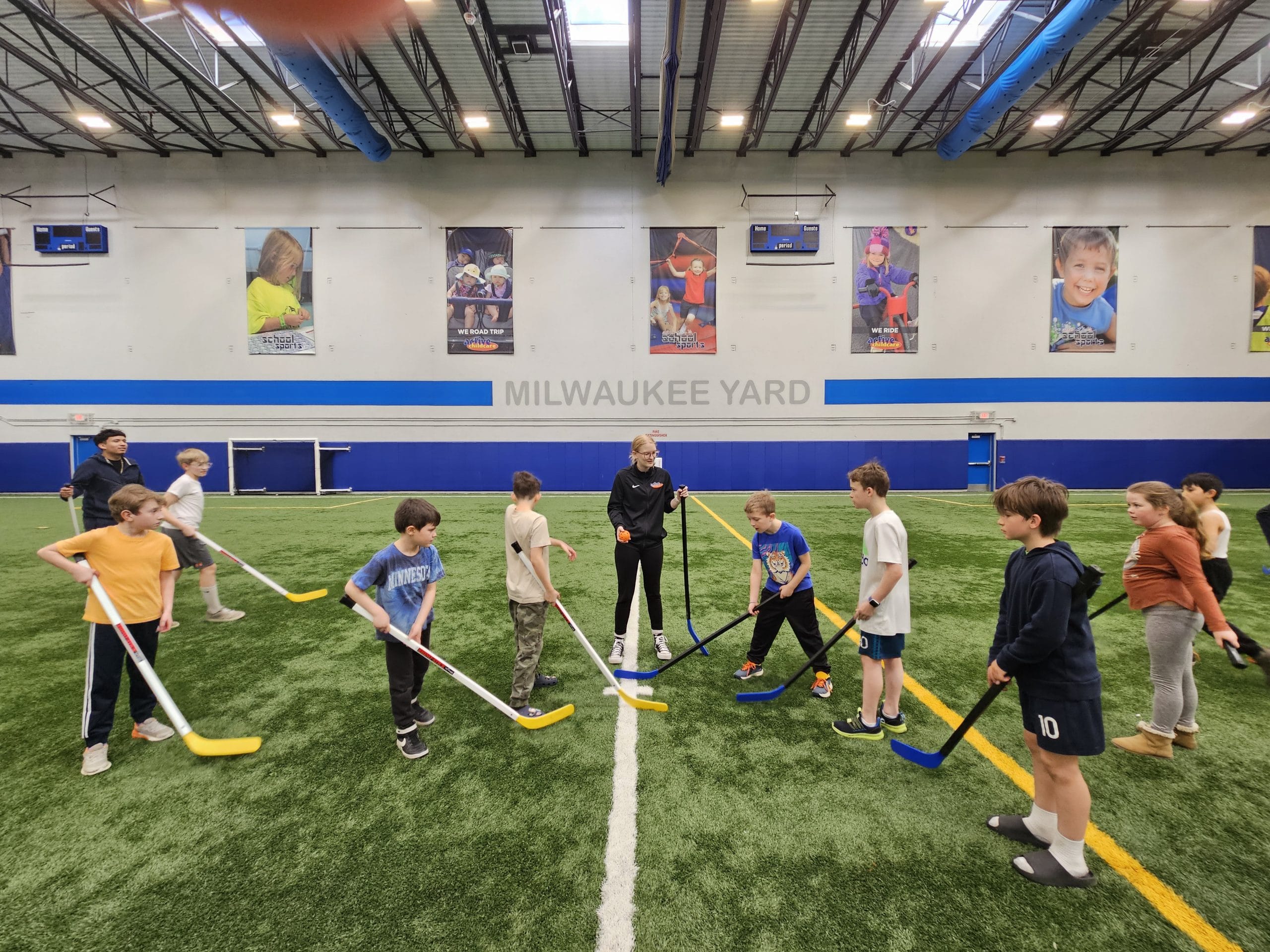 After school sports program with kids playing indoor field games at Milwaukee Yard in Oak Creek WI