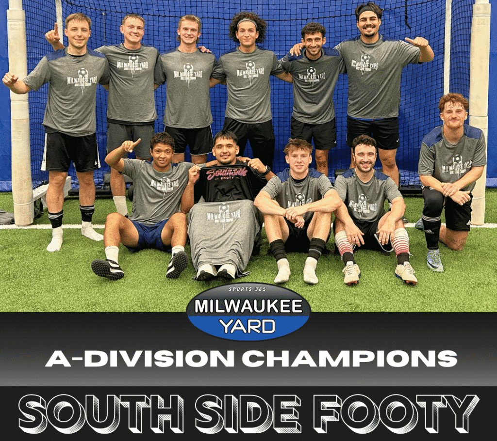 South Side Footy Adult Soccer League Champions on indoor turf fields at Milwaukee Yard Indoor Sports Complex Oak Creek WI
